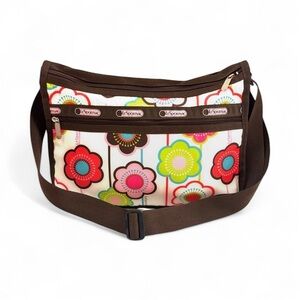 LeSportsac White & Brown Colorful Floral Crossbody Zip Nylon Hobo Bag Purse
